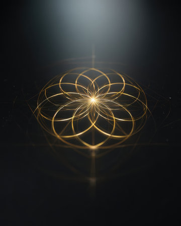 A golden striking geometric design emerges from a dark background, showing a series of circles and lines that create a captivating visual effect.の素材