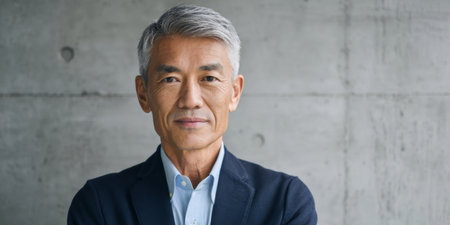 Mature man poses confidently against a concrete wall backdropの素材