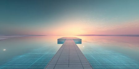 A tranquil scene shows a long platform extending over still water. The horizon glows with soft colors as the sun rises, creating a peaceful atmosphere for reflection.の素材