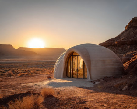 A unique dome structure made of natural materials sits alone in a desert landscape. The sun rises behind mountains, casting a warm glow over the scene filled with dry grass and rocks.の素材