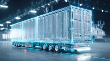 A futuristic truck design is displayed in a spacious warehouse. The digitally rendered vehicle highlights advanced technology with glowing lines and a sleek structure under bright lights.の素材