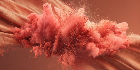 A burst of pink and coral powder bursts forth against a smooth, flowing fabric. The cloud of color creates a dynamic visual effect, highlighting the energy of the moment.の素材