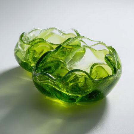 Two beautiful green glass bowls sit gracefully with a wavy design. They reflect light in an artistic way, making them ideal for decoration or storage.の素材