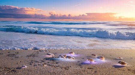 Colorful shells lie on a sandy beach as gentle waves wash ashore under a vibrant sunset. The sky displays stunning hues while the ocean reflects the fading light.の素材