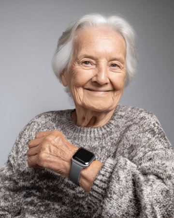 Elderly woman smiles while showing smartwatch on wristの素材