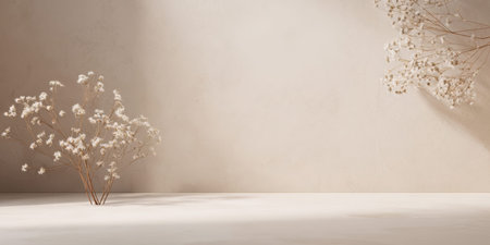 Dried flowers stand gracefully in a soft, neutral room. Their delicate petals contrast with the smooth, light-colored surface, creating a serene and calming atmosphere.の素材