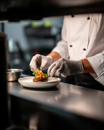 A chef in a white uniform carefully arranges fresh vegetables on a gourmet dish in a contemporary kitchen. The focus is on precision and presentation.の素材