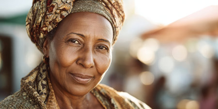 Woman in headwrap smiles in sunny outdoor spotの素材