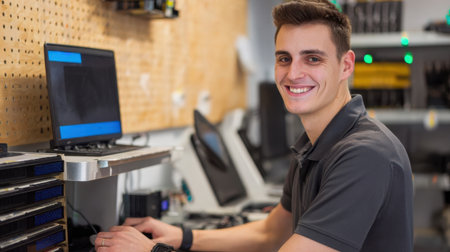 Young technician working at computer in a tech repair shopの素材