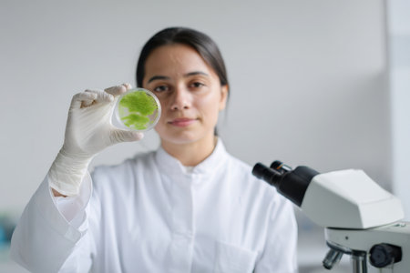 Scientist examines green algae sample under microscopeの素材