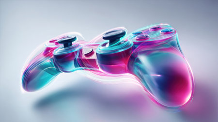 A vibrant game controller with glowing pink and blue colors is shown against a smooth, light background. The controller appears futuristic and inviting for gaming sessions.の素材
