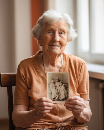 Elderly woman holding vintage family photograph indoorsの素材
