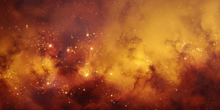 Colorful cosmic clouds fill the scene, showcasing swirling gases and glowing stars. This captivating view highlights the beauty of the universe in warm golden and red hues.の素材