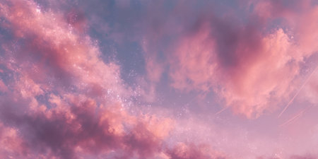 A stunning sky displays shades of pink and purple as the sun sets. Wispy clouds stretch across the horizon, creating a dreamy atmosphere in the evening light.の素材