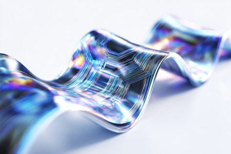 A flexible circuit displays a wave shape with shimmering colors on a light background. The design features intricate patterns and highlights the technologies modern appeal.の素材