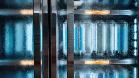 A beverage refrigerator is filled with clear bottles that glow softly in the cool light. Water droplets cover the glass, creating a refreshing appearance.の素材