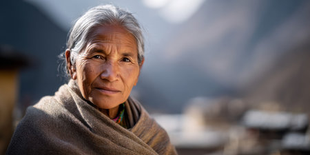 Elderly woman with traditional clothing in mountain villageの素材