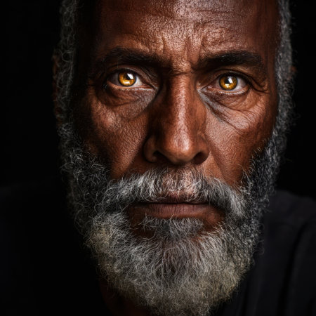 Elderly man with striking eyes and gray beard staring intenselyの素材
