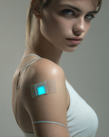 Technology meets health with glowing wearable device on skinの素材