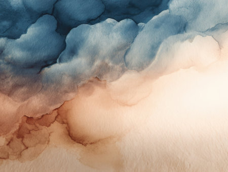 Swirling clouds of blue and soft beige blend together in an abstract watercolor artwork. The gentle tones create a serene and calming atmosphere, perfect for decoration.の素材