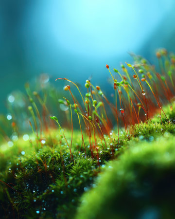 Dew-covered moss displays delicate green sprouts reaching upward. Soft, diffused light creates a serene atmosphere in a forest setting during early morning hours.の素材