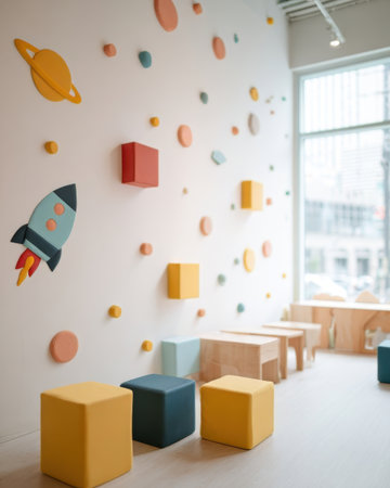 A bright play area features a rocket and planet decorations on the wall. Colorful wooden blocks and soft seating provide a fun space for children to play and explore.の素材