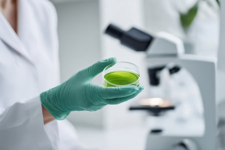 A scientist in a lab coat holds a petri dish containing green culture while looking through a microscope. The bright lab features various instruments and plants.の素材