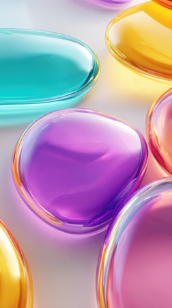 Bright and vibrant shapes of transparent stones rest on a light surface, showing a mix of colors including blue, purple, orange, and yellow for a lively visual effect.の素材