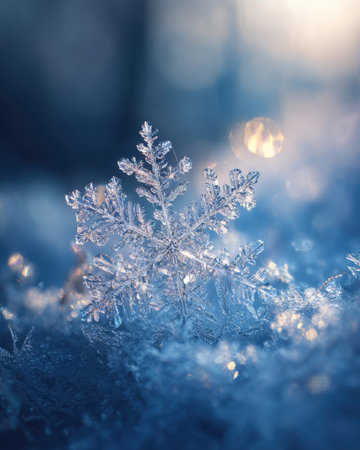 A close-up view of a crystal-clear snowflake resting on a bed of sparkling frost. The soft blue tones and blurred background enhance the serene winter atmosphere.の素材