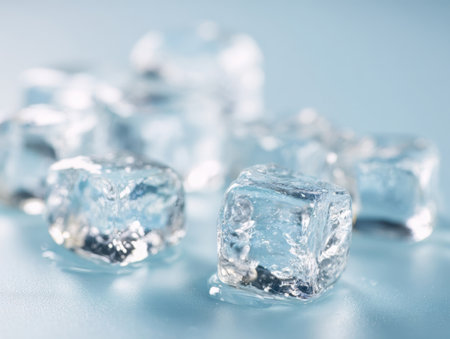 Clear ice cubes are scattered across a smooth blue surface, glistening under soft light. They showcase melting edges, evoking a sense of coolness and refreshment.の素材
