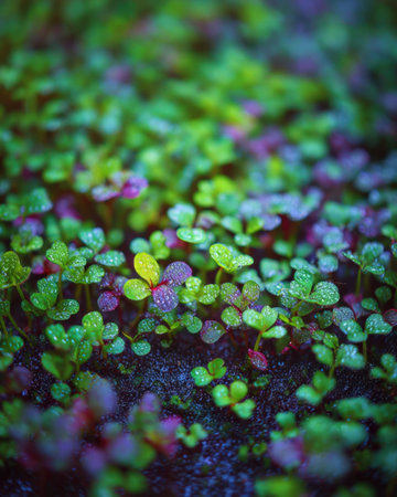 Fresh, small green plants fill the ground in a garden. Light reflects off droplets of water on the leaves, creating a lively, colorful scene during early morning hours.の素材