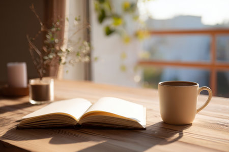 A cozy table scene features a cup of coffee beside an open notebook. Bright sunlight filters through the window, casting soft shadows and creating a warm atmosphere.の素材
