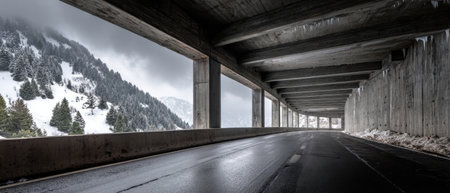 A winding road stretches through a concrete tunnel surrounded by snowy mountains. Ice hangs from the tunnels edge, with dark clouds looming over the peaceful landscape.の素材