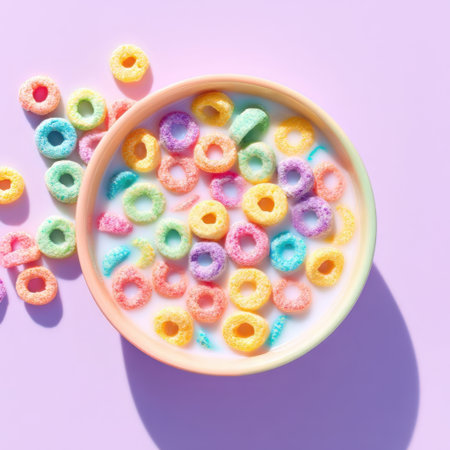 A bowl filled with bright, colorful cereal rings sits in milk on a light purple background. Some cereal pieces spill out, adding to the playful scene during daylight.の素材
