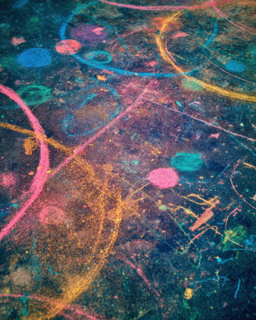 Vibrant circles and patterns created with colorful chalk cover a dark surface, showing artistic expressions and playful creativity on a sunny day outdoors.の素材