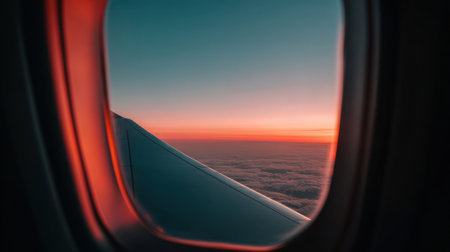 As daylight fades, vibrant colors fill the sky outside the airplane window. The airplane wing cuts through soft clouds, creating a peaceful travel scene in the evening.の素材