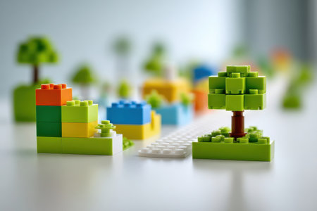 Bright, colorful building blocks represent a park with trees and tiny structures. The playful arrangement illustrates creativity and imagination in a simple layout.の素材