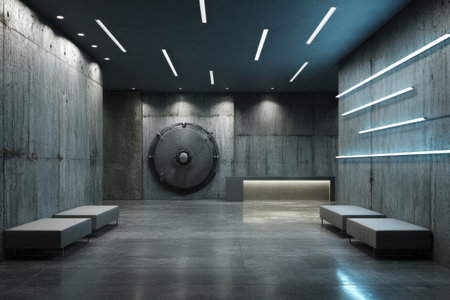 This scene features a modern interior layout of a secure vault space. Concrete walls, sleek benches, and dramatic lighting create an industrial look, emphasizing security and design.の素材