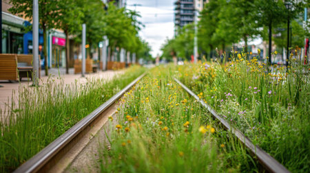 Green grass and colorful wildflowers grow alongside railroad tracks in a lively city area. The scene captures urban nature blending with transportation infrastructure.の素材