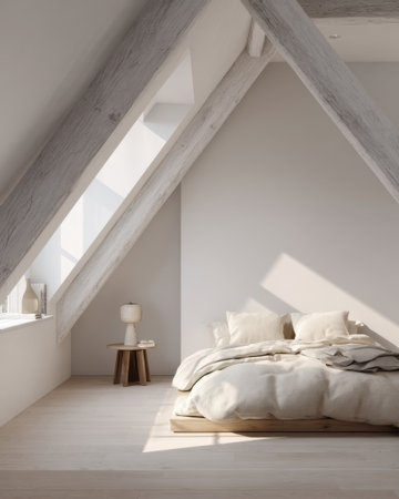 A serene bedroom features a warm color palette, a soft bed with layered bedding, and natural light streaming through angled windows, creating a peaceful atmosphere.の素材