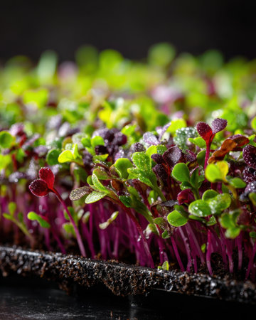 Small green plants are growing in a tray filled with wet soil. The plants show different colors and shapes. Water droplets can be seen on the leaves in low light.の素材