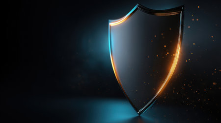 A shield design stands in the dark with blue and orange lights around its edges. The background is smooth, enhancing the light effects. The scene shows a focus on the shield.の素材