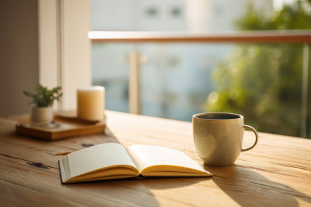 A cup of coffee sits next to an open notebook on a wooden table. A small plant and a candle are on a tray nearby. Sunlight filters through the window in the morning.の素材