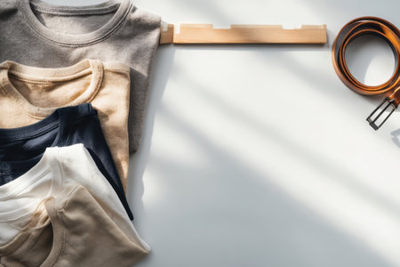 Four shirts of different colors are stacked on a flat surface next to a brown belt. Sunlight creates shadows across the area, highlighting the items.の素材