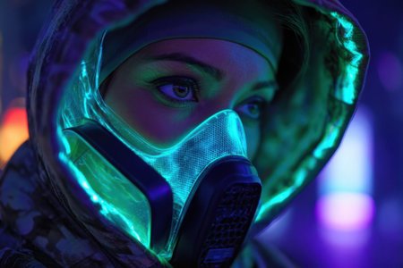 Woman in mask with glowing elements in urban settingの素材