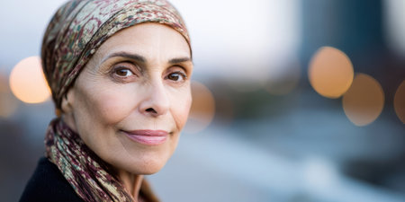 Woman with headscarf standing outdoors at duskの素材