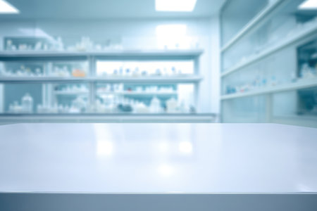 A white table stands in front of shelves filled with various products in a pharmacy. The space is well lit with overhead lights. The focus is on the table and background shelves.の素材