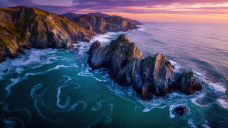 The sun sets over a rugged coastline. Waves hit the sharp rocks as colors change in the sky. This scene captures the beauty of natures landscape by the ocean.の素材