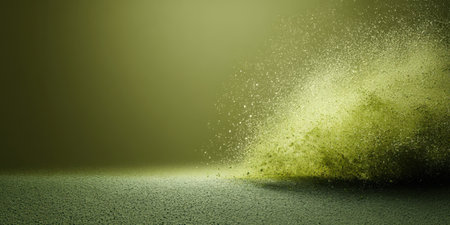 Dust clouds swirl and rise in a dimly lit space. Particles scatter softly, creating a misty effect that captures the faint light in the room. Movement adds energy to the scene.の素材