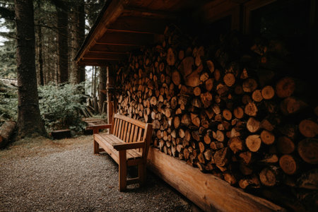 A wooden bench is placed near a wall of neatly stacked logs in a forest. The surrounding trees create a natural backdrop. The setting appears quiet and secluded, ideal for rest.の素材